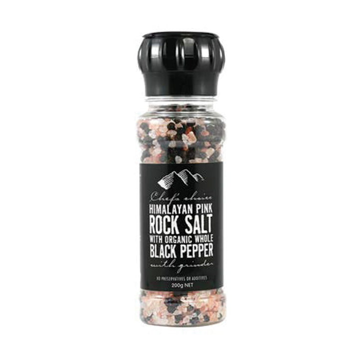 Chef's Choice Himalayan Pink Rock Salt with Organic Whole Black Pepper Grinder 200g